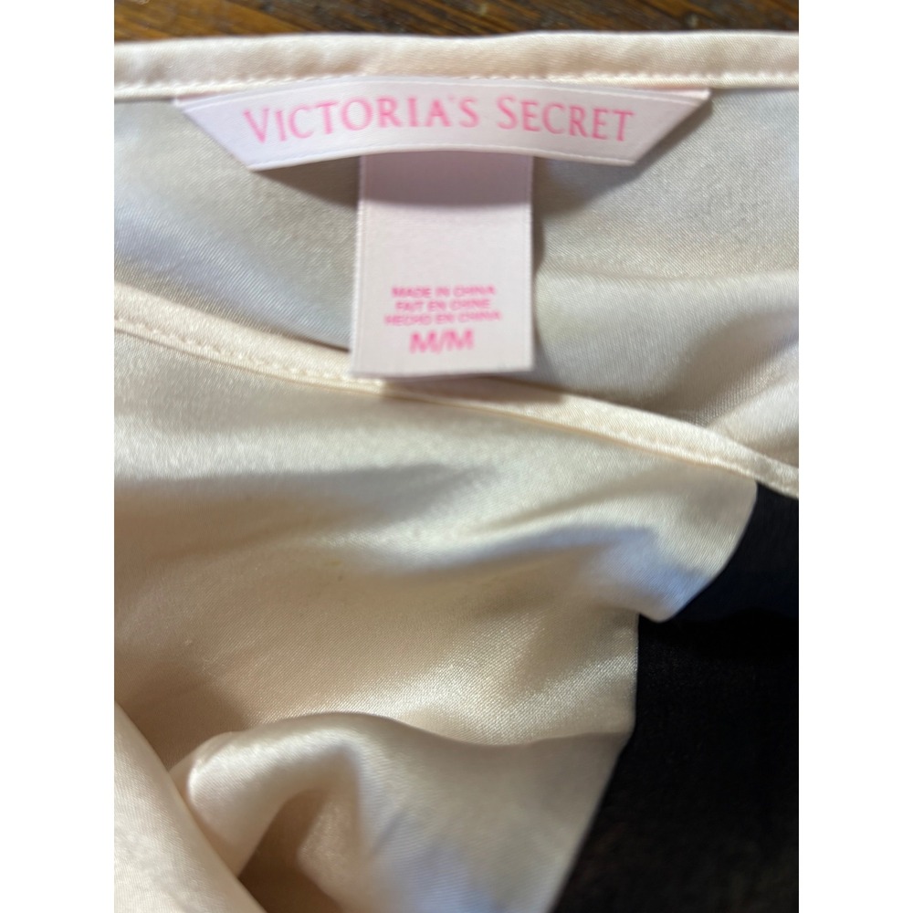 Victorias Secret Champagne Satin Slip Dress Black Trim Cross Back Medium 327588 - Picture 7 of 16